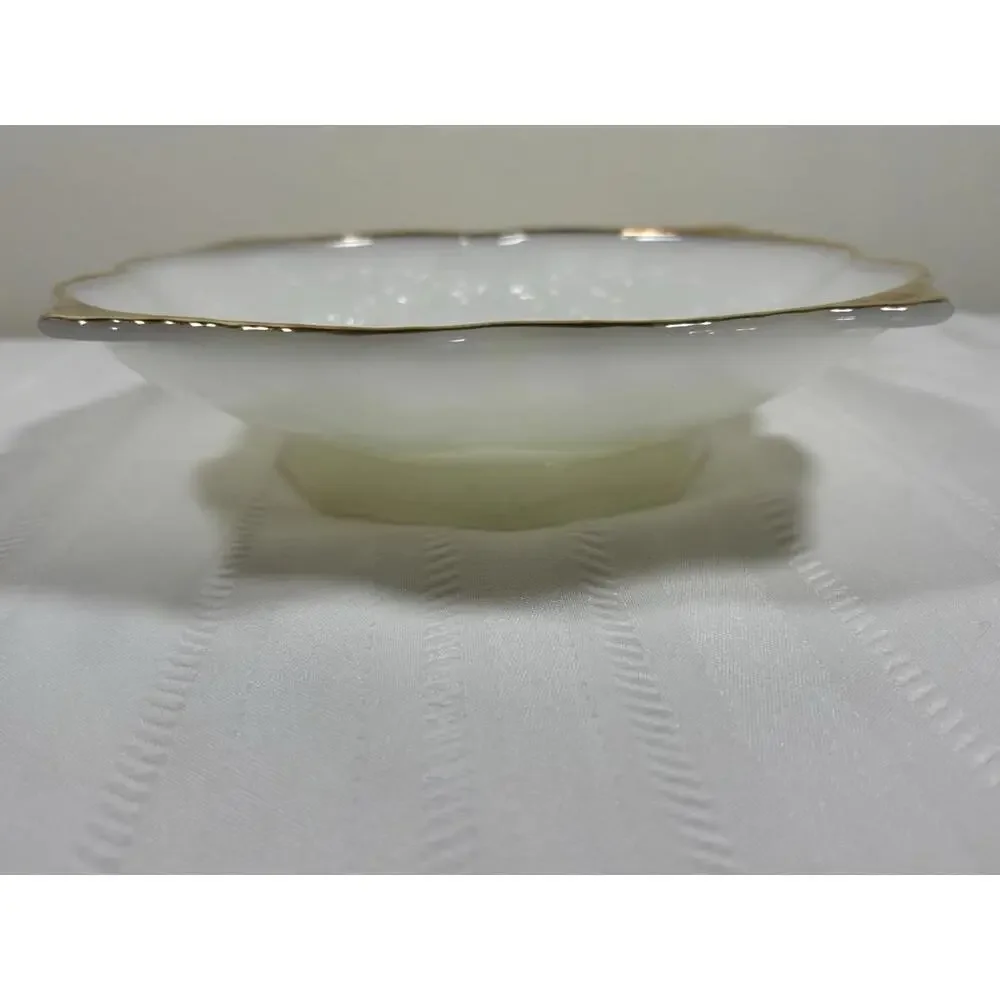 Anchor Hocking Milk Glass Harvest Grape Bowl w/ Gold Trim 9” Vintage